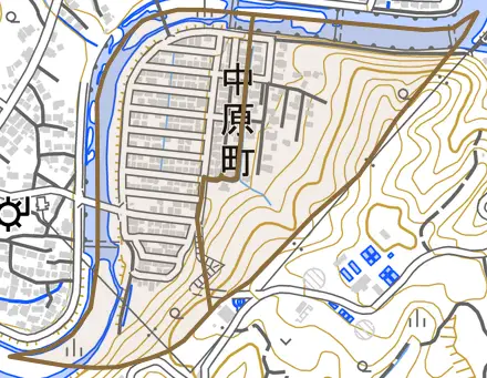 中原町とその周辺の地図。町の範囲を重ねている