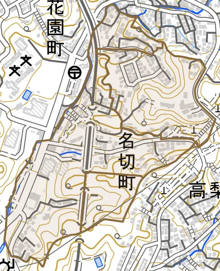 名切町とその周辺の地図。町の範囲を重ねている