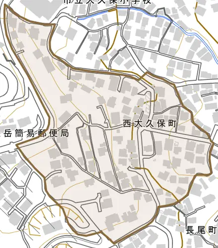 西大久保町とその周辺の地図。町の範囲を重ねている