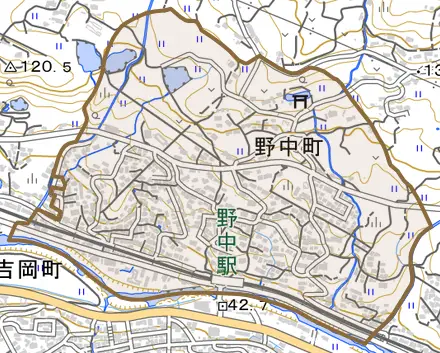 野中町とその周辺の地図。町の範囲を重ねている