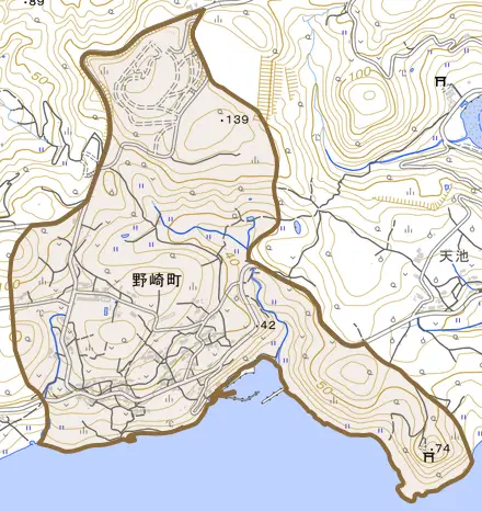 野崎町とその周辺の地図。町の範囲を重ねている