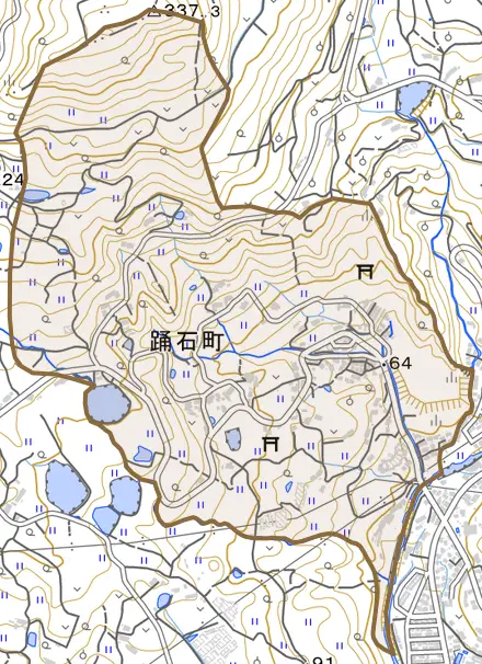踊石町とその周辺の地図。町の範囲を重ねている