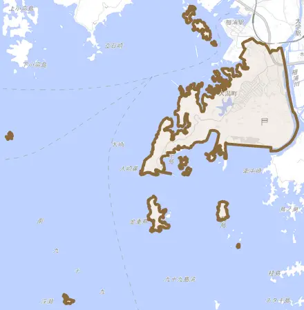 大潟町とその周辺の地図。町の範囲を重ねている