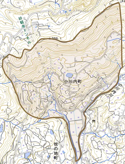 小川内町とその周辺の地図。町の範囲を重ねている