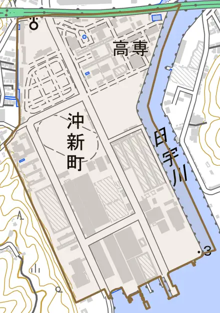 沖新町とその周辺の地図。町の範囲を重ねている