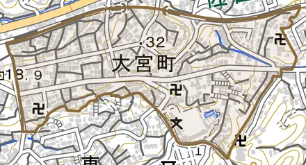 大宮町とその周辺の地図。町の範囲を重ねている