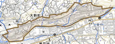 大野町とその周辺の地図。町の範囲を重ねている