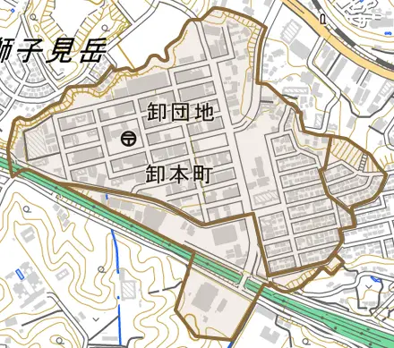 卸本町とその周辺の地図。町の範囲を重ねている