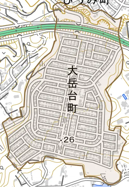 大岳台町とその周辺の地図。町の範囲を重ねている
