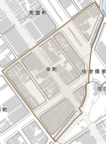 栄町とその周辺の地図。町の範囲を重ねている