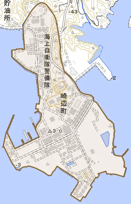 崎辺町とその周辺の地図。町の範囲を重ねている