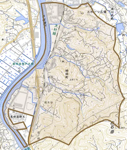 崎岡町とその周辺の地図。町の範囲を重ねている