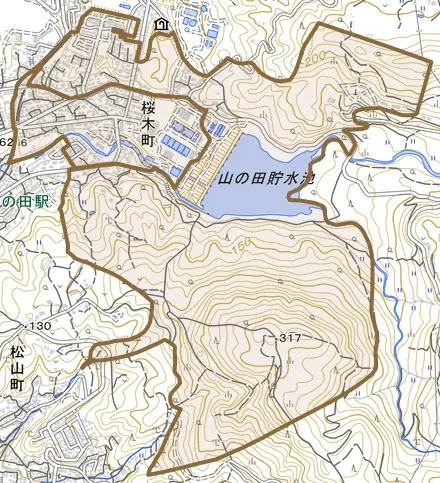 桜木町とその周辺の地図。町の範囲を重ねている