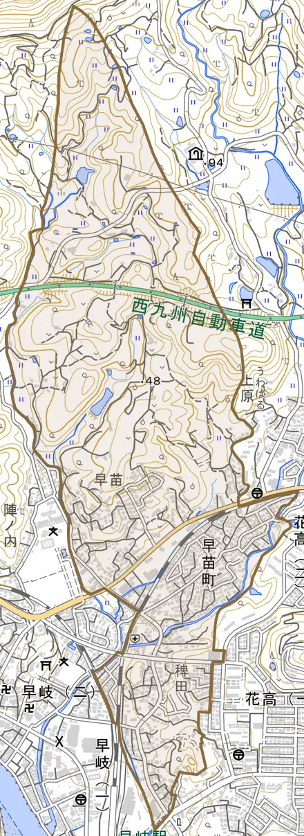早苗町とその周辺の地図。町の範囲を重ねている