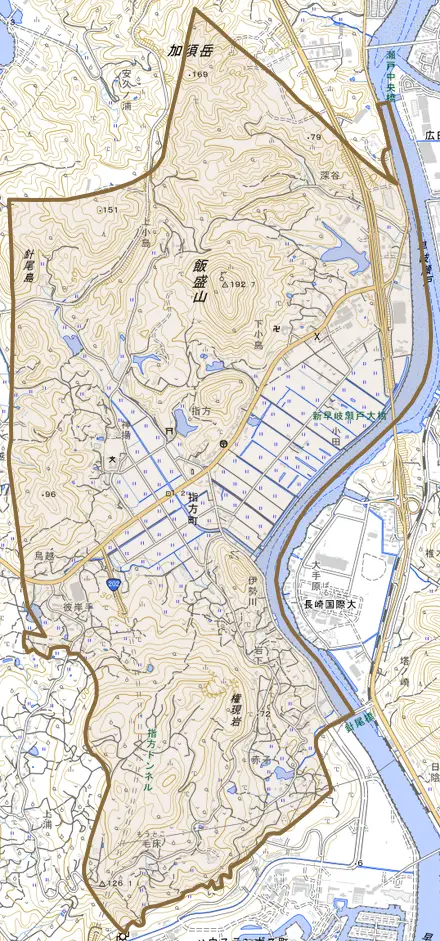 指方町とその周辺の地図。町の範囲を重ねている