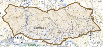 世知原町岩谷口とその周辺の地図。町の範囲を重ねている