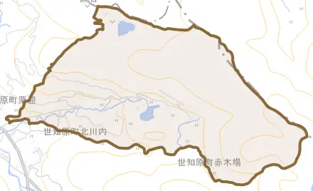 世知原町北川内とその周辺の地図。町の範囲を重ねている