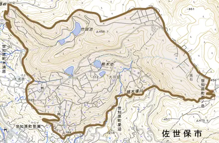 世知原町木浦原とその周辺の地図。町の範囲を重ねている