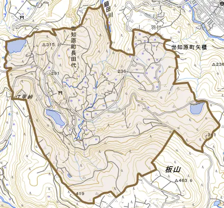 世知原町長田代とその周辺の地図。町の範囲を重ねている