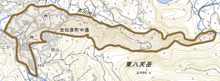 世知原町中通とその周辺の地図。町の範囲を重ねている