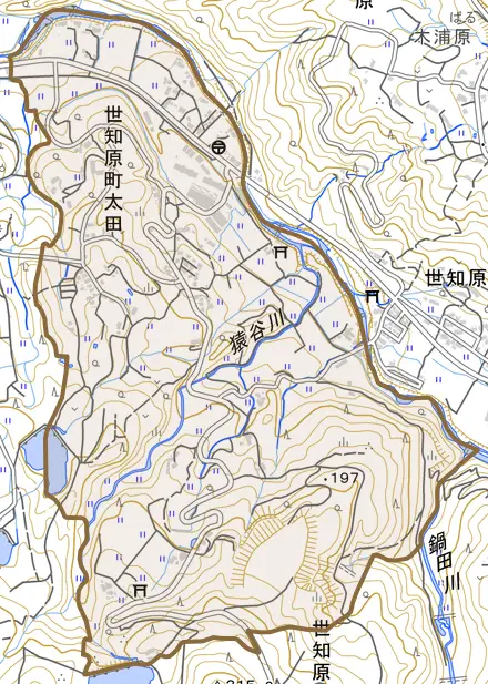 世知原町太田とその周辺の地図。町の範囲を重ねている