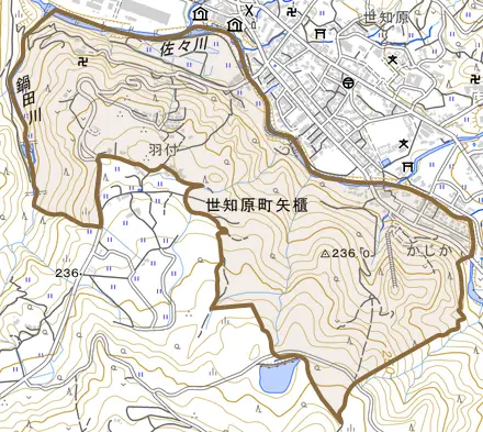 世知原町矢櫃とその周辺の地図。町の範囲を重ねている