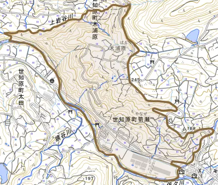 世知原町笥瀬とその周辺の地図。町の範囲を重ねている