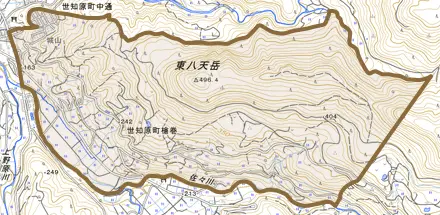世知原町槍巻とその周辺の地図。町の範囲を重ねている