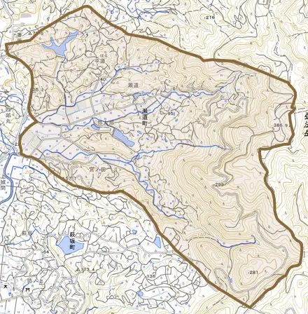 瀬道町とその周辺の地図。町の範囲を重ねている