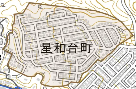 星和台町とその周辺の地図。町の範囲を重ねている