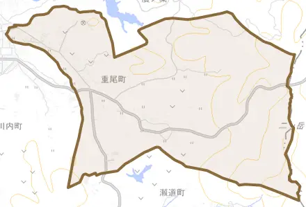 重尾町とその周辺の地図。町の範囲を重ねている