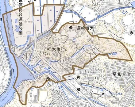 椎木町とその周辺の地図。町の範囲を重ねている