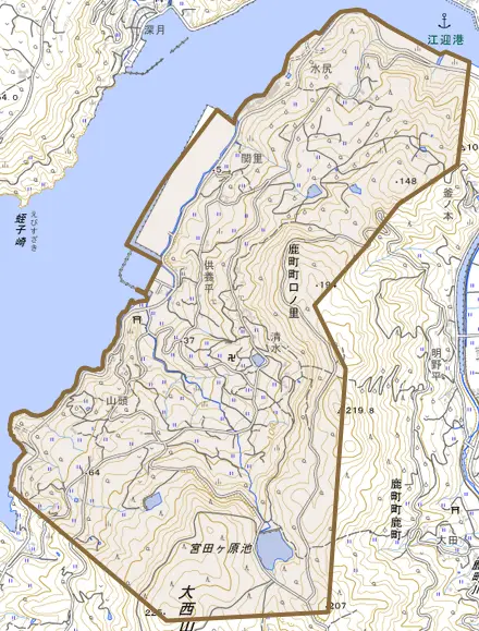 鹿町町口ノ里とその周辺の地図。町の範囲を重ねている