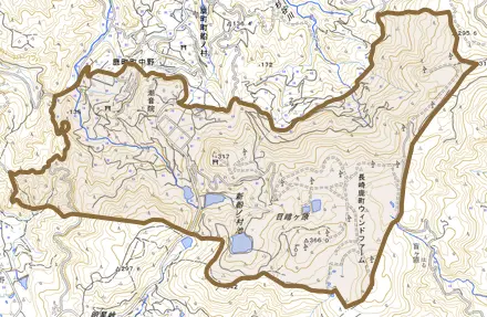 鹿町町中野とその周辺の地図。町の範囲を重ねている
