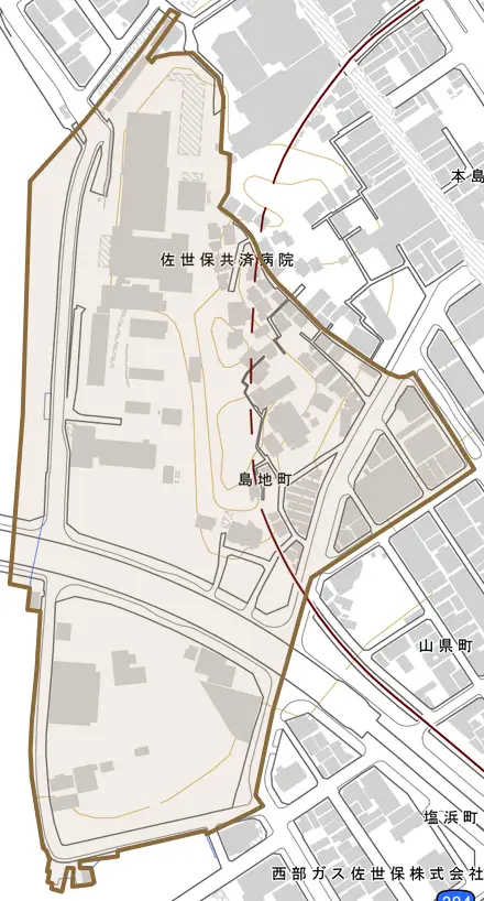 島地町とその周辺の地図。町の範囲を重ねている