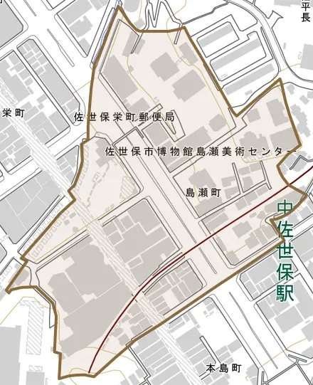 島瀬町とその周辺の地図。町の範囲を重ねている