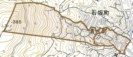 清水町とその周辺の地図。町の範囲を重ねている