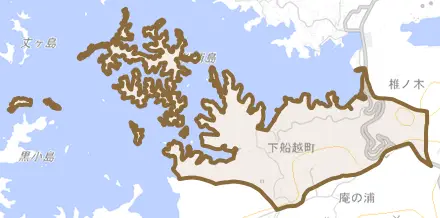 下船越町とその周辺の地図。町の範囲を重ねている