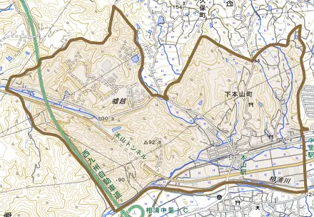 下本山町とその周辺の地図。町の範囲を重ねている