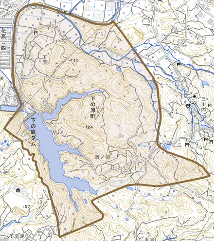下の原町とその周辺の地図。町の範囲を重ねている
