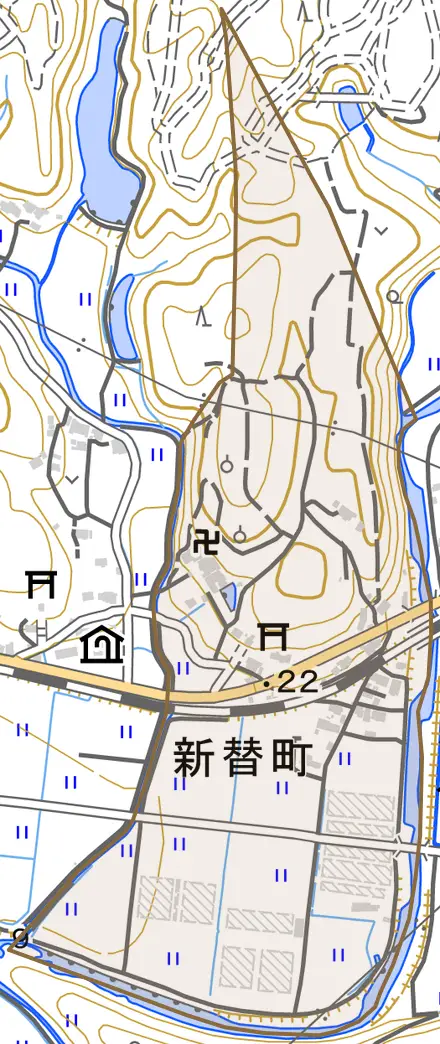 新替町とその周辺の地図。町の範囲を重ねている