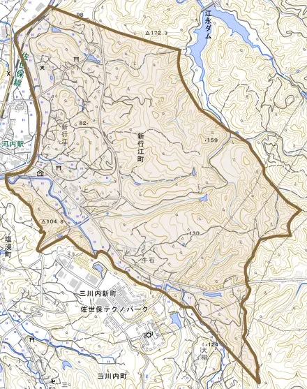 新行江町とその周辺の地図。町の範囲を重ねている