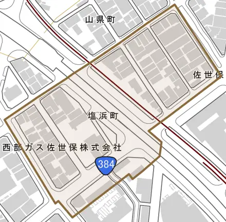 塩浜町とその周辺の地図。町の範囲を重ねている