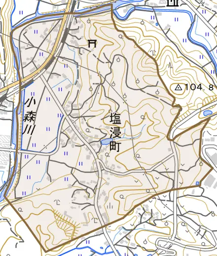 塩浸町とその周辺の地図。町の範囲を重ねている