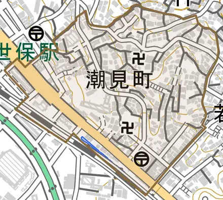 潮見町とその周辺の地図。町の範囲を重ねている