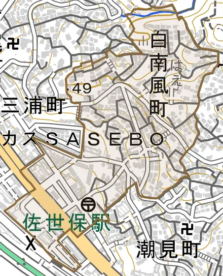 白南風町とその周辺の地図。町の範囲を重ねている