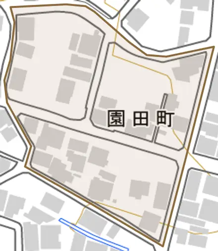 園田町とその周辺の地図。町の範囲を重ねている