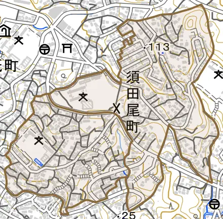 須田尾町とその周辺の地図。町の範囲を重ねている