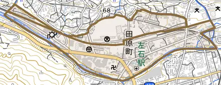 田原町とその周辺の地図。町の範囲を重ねている