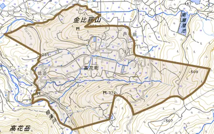 高花町とその周辺の地図。町の範囲を重ねている
